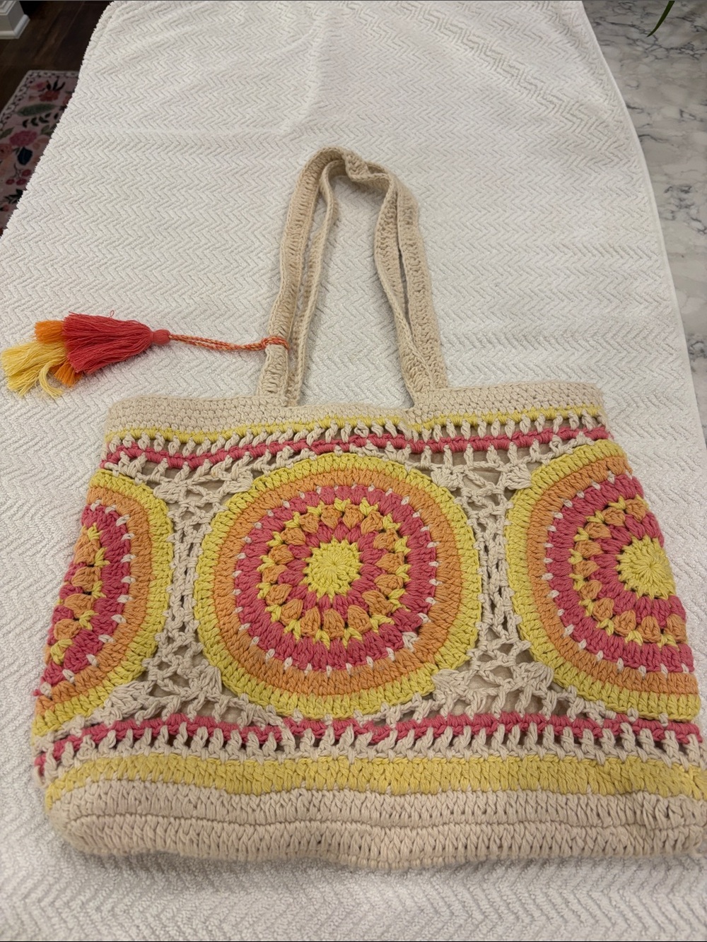 Crochet Tote Bag in Cream, Yellow & Pink